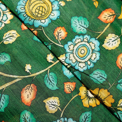 Green Floral Print Pattern On 100% Silk Tussah