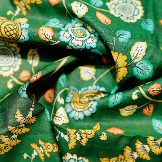 Green Floral Print Pattern On 100% Silk Tussah