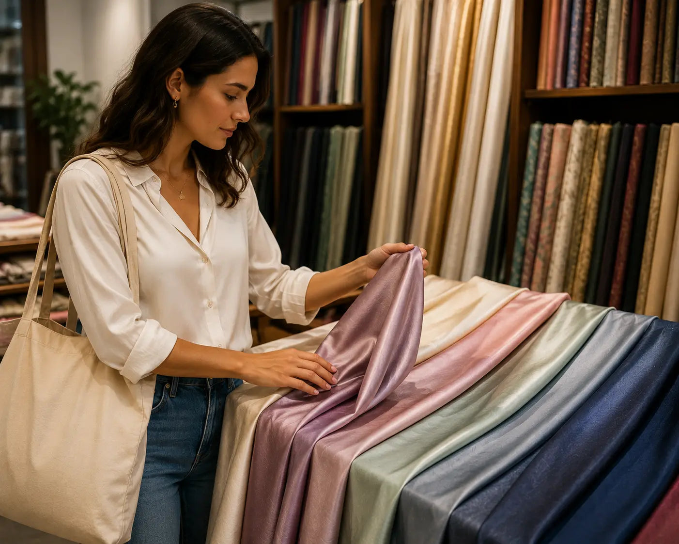 Woman shopping for premium silk fabric from a selection of silk textiles